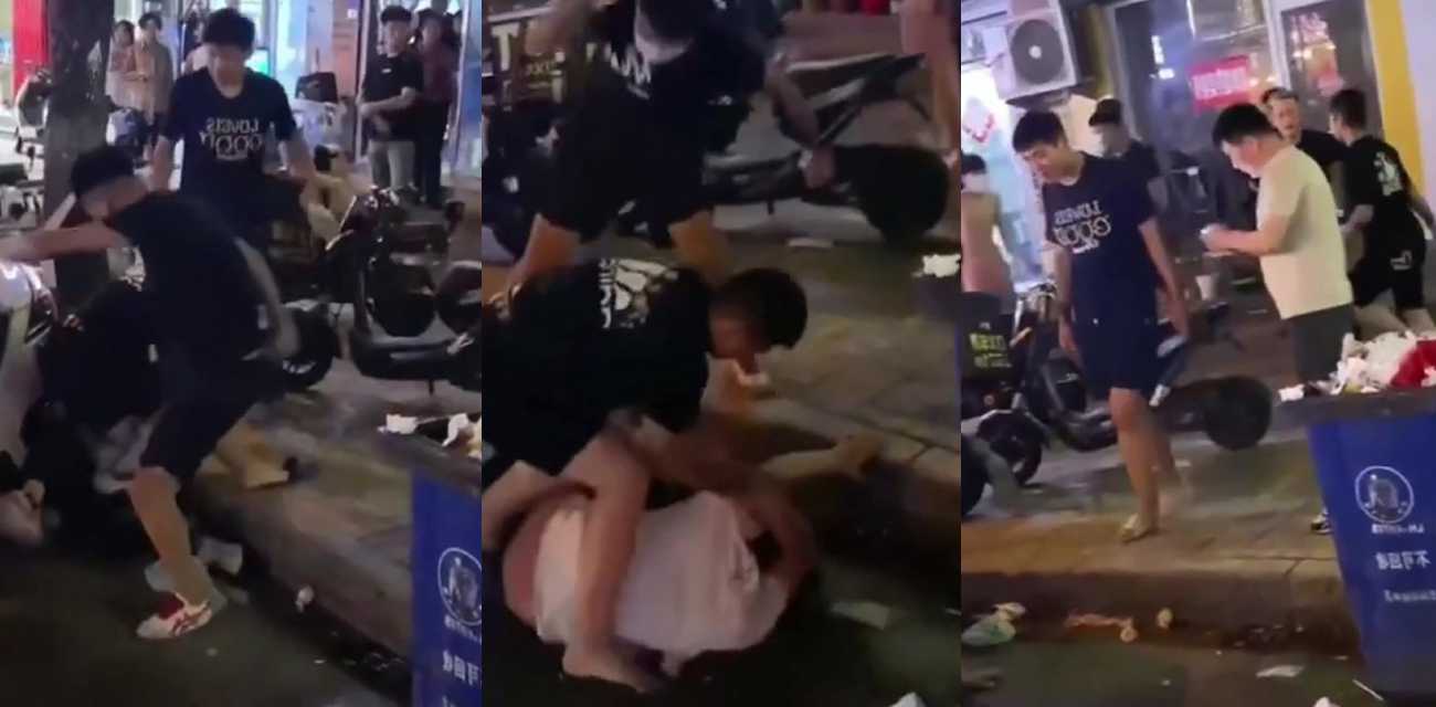 街头群殴冲突激烈上演 男子光膀粉短裤街头互殴 多人围观打斗现场流出!