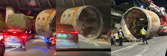 广深107国道深夜发生事故 无证超高大件运输车撞桥致货车受损